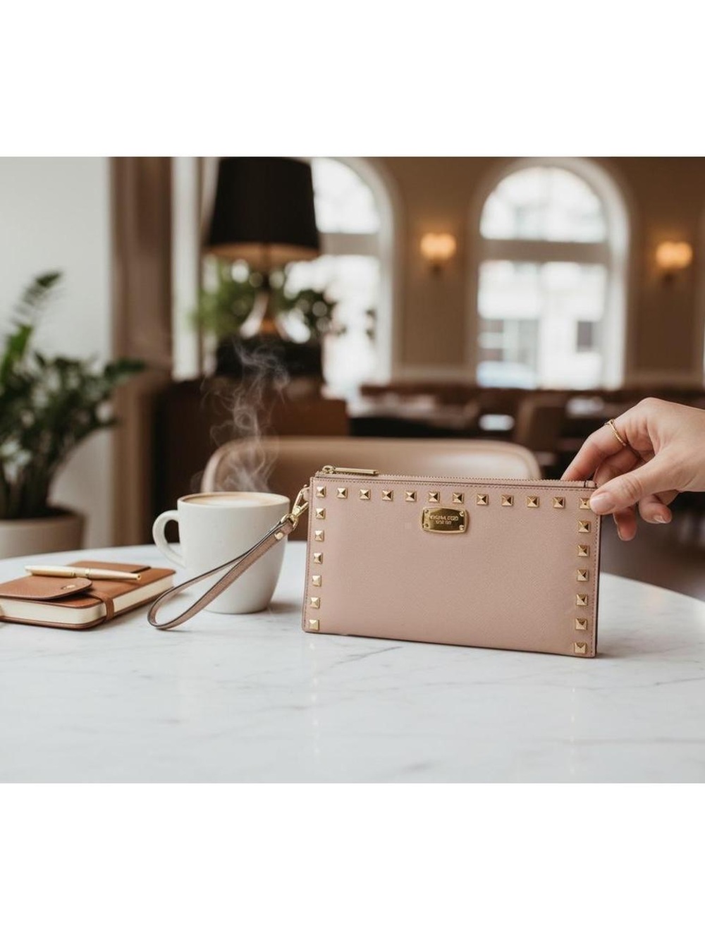Michael Kors Wristlet/Wallet Women's Blush Gold Studded Credit Card Holder Purse